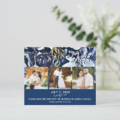 ブルーとゴールドのフローラルフォトを使った田舎風の結婚式の保存日付カード (スタンド正面)