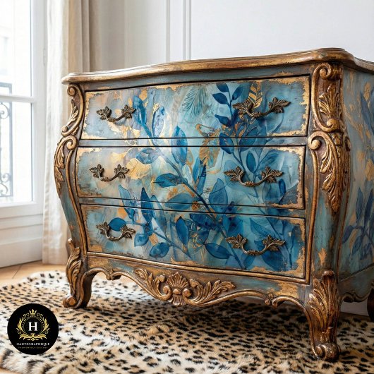 ブルーとゴールドのボタニカルデコパージュ 薄葉紙