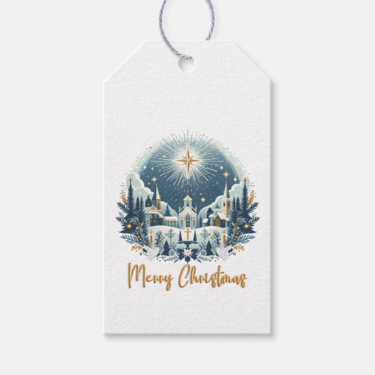 ブルーとゴールドのメリークリスマス ギフトタグ (正面)