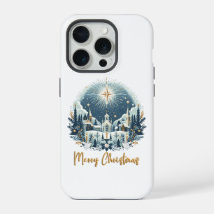 ブルーとゴールドのメリークリスマス iPhone 15 PROケース