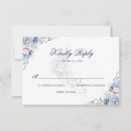 ブルーとゴールドの水彩花柄結婚式RSVPカード 出欠カード