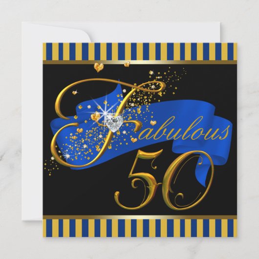 ブルーとゴールドの素晴らしい50歳の誕生日パーティー 招待状 (正面)