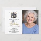 ブルーとゴールドの航海用アンカー 101歳の誕生日写真 招待状 (正面)