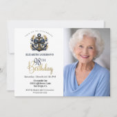 ブルーとゴールドの航海用アンカー 98歳の誕生日写真 招待状 (正面)