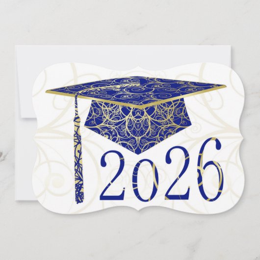 ブルーとゴールドの花柄キャップ 2026年カード 招待状 (正面)