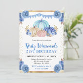 ブルーとゴールドの花柄パンプキン 秋の21歳の誕生日 招待状 (スタンド正面)