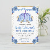 ブルーとゴールドの花柄パンプキン　秋の21歳の誕生日 招待状 (スタンド正面)