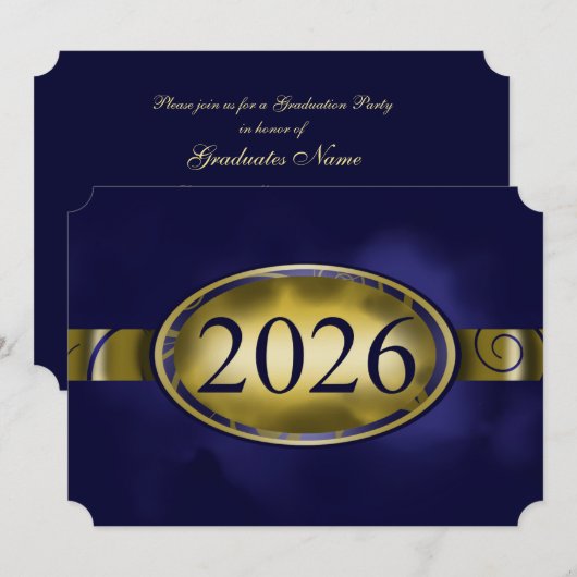 ブルーとゴールドの花柄ボタン 2026年卒業パーティー 招待状 (正面/裏面)