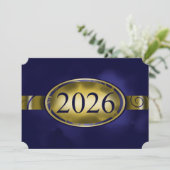 ブルーとゴールドの花柄ボタン 2026 カード (スタンド正面)