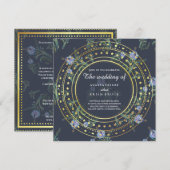 ブルーとゴールドの花柄、結婚式招待状 招待状 (正面/裏面)