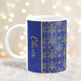 ブルーとゴールドの雪の結晶 クリスマスマグ 名入れ コーヒーマグカップ