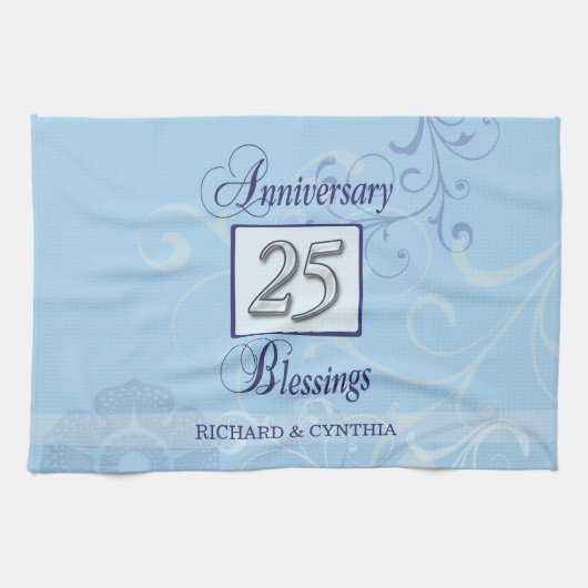 ブルーとシルバーで25周年記念を祝おう キッチンタオル (横)