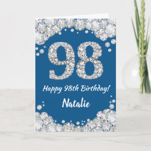ブルーとシルバーのグリッターカード 98歳の誕生日おめでとうございます カード