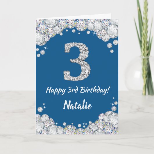 ブルーとシルバーのグリッター 誕生日カード 3歳 カード (正面)