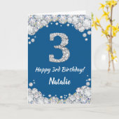 ブルーとシルバーのグリッター 誕生日カード 3歳 カード (黄色い花)