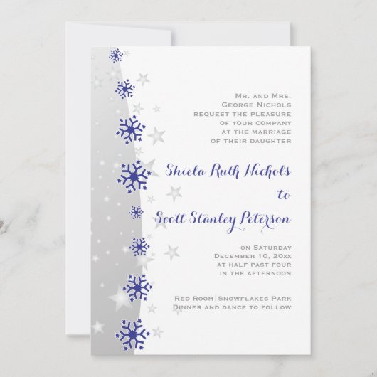 ブルーとシルバーのグレーのスノーフレーク結婚式招待状 招待状 (正面)