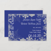 ブルーとシルバーのスノーフレークの結婚式の日付を保存 セーブザデート (正面/裏面)