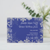 ブルーとシルバーのスノーフレークの結婚式の日付を保存 セーブザデート (スタンド正面)