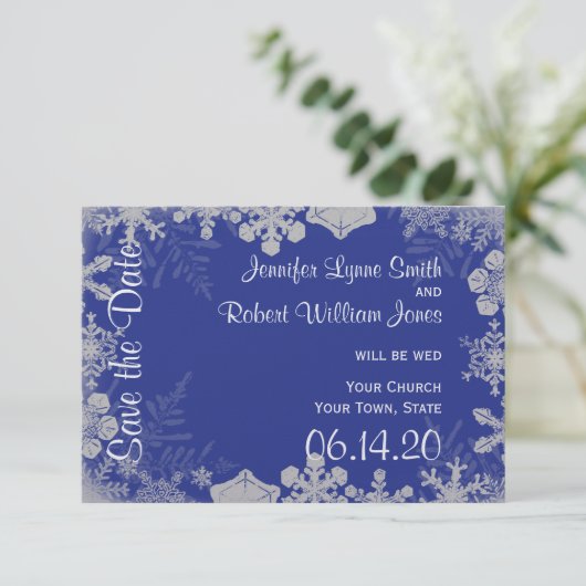 ブルーとシルバーのスノーフレークの結婚式の日付を保存 セーブザデート (スタンド正面)