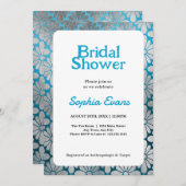 ブルーとシルバーのフローラ縁どブライダルシャワー 招待状 (正面/裏面)