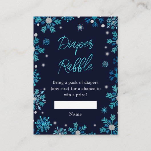 ブルーとシルバーの雪の結晶の冬おむつラッフル エンクロージャーカード (正面)