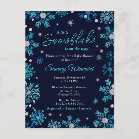 ブルーとシルバーの雪の結晶の冬のベビーシャワー ポストカード (正面)