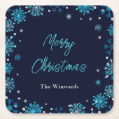 ブルーとシルバーの雪の結晶クリスマスパーティー スクエアペーパーコースター (正面)