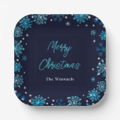 ブルーとシルバーの雪の結晶クリスマスパーティー ペーパープレート (正面)