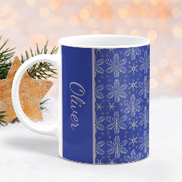 ブルーとシルバーの雪の結晶 クリスマスマグ 名入れ コーヒーマグカップ