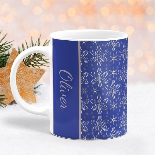 ブルーとシルバーの雪の結晶 クリスマスマグ 名入れ コーヒーマグカップ