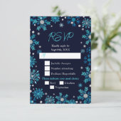 ブルーとシルバーの雪片の冬の食事の選択 出欠カード (スタンド正面)