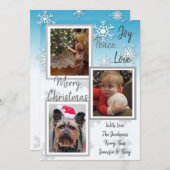 ブルーとシルバーの雪片ファミリー写真クリスマス 招待状 (正面/裏面)