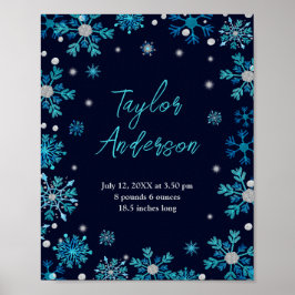 ブルーとシルバーの雪片ベビー誕生統計 ポスター