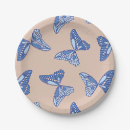 ブルーとタン コテージコア バタフライ ペーパープレート