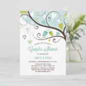 ブルーとチャートルーズのラブバード カップルシャワー 招待状 (スタンド正面)