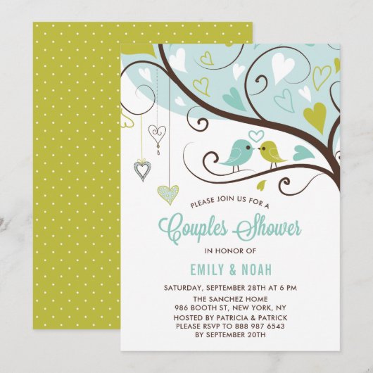ブルーとチャートルーズのラブバード カップルシャワー 招待状 (正面/裏面)