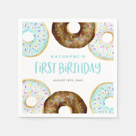 ブルーとチョコレートのスプリンクル・ドーナツの1歳の誕生日 スタンダードカクテルナプキン