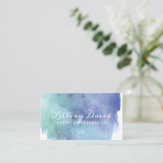 ブルーとティール（緑がかった色）の水彩洗芸術的浄 名刺 (スタンド正面)