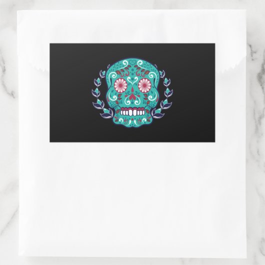 ブルーとティール(緑がかった色)シュガースカルローレルリーフ 長方形シール (バッグ)