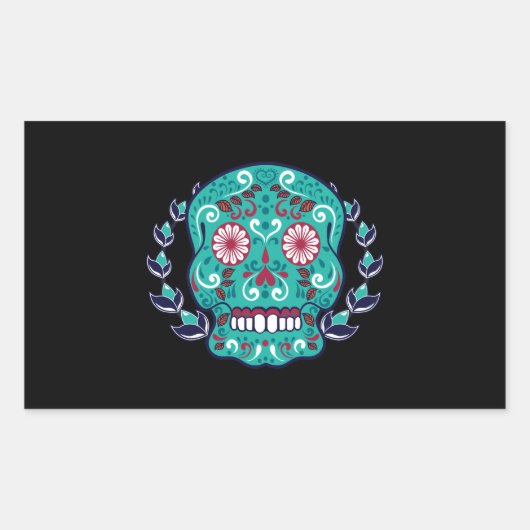 ブルーとティール(緑がかった色)シュガースカルローレルリーフ 長方形シール (正面)