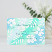ブルーとティール(緑がかった色)ハイビスカストロピカルウェディングRSVPカード 出欠カード (スタンド正面)