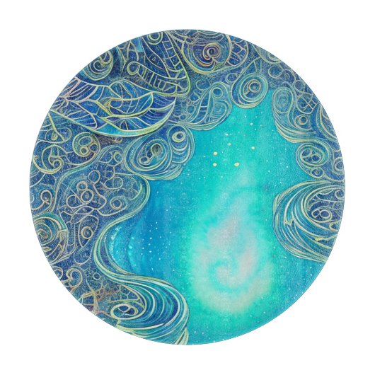 ブルーとティール（緑がかった色）抽象芸術アート カッティングボード (正面)