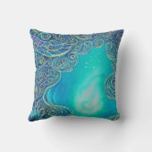 ブルーとティール（緑がかった色）抽象芸術アート クッション (裏面)