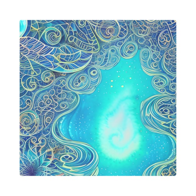 ブルーとティール（緑がかった色）抽象芸術アート メタルプリント (正面)