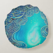 ブルーとティール(緑がかった色)抽象芸術アート ラウンドクッション (裏面)