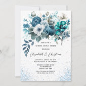 ブルーとティール（緑がかった色）牡丹グリッター結婚のカップルのシャワー 招待状 (正面)