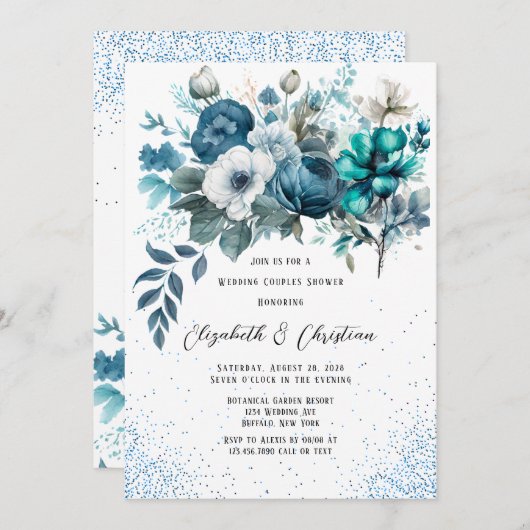 ブルーとティール（緑がかった色）牡丹グリッター結婚のカップルのシャワー 招待状 (正面/裏面)