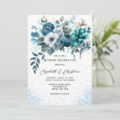 ブルーとティール(緑がかった色)牡丹グリッター結婚ズ 招待状 (スタンド正面)