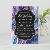 ブルーとパープルのグリッター マーブル アゲート 21歳の誕生日 招待状 (スタンド正面)
