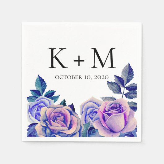 ブルーとパープルのバラの水彩画。結婚式の花 スタンダードカクテルナプキン (正面)